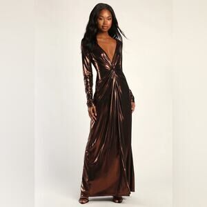 Lulus Shining Babe Brown Metallic Long Sleeve Twist-Front Maxi Dress